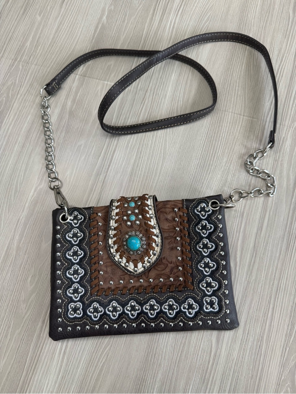 Brown and Turquoise Embellished Western Crossbody Bag